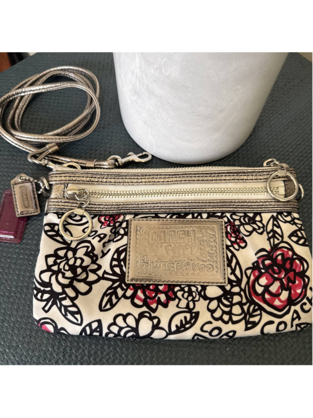 Coach Poppy Graffiti Floral Crossbody Bag Clutch Pink Black Silver Metallic